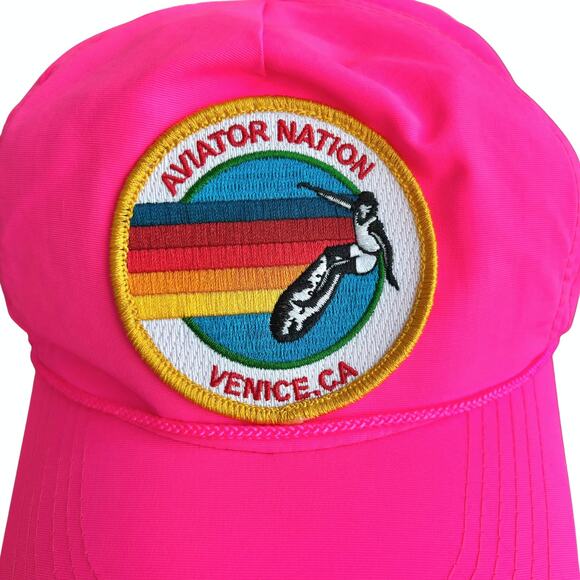 Aviator Nation Signature Venice Vintage Nylon Trucker Hat Neon Pink Logo Patch